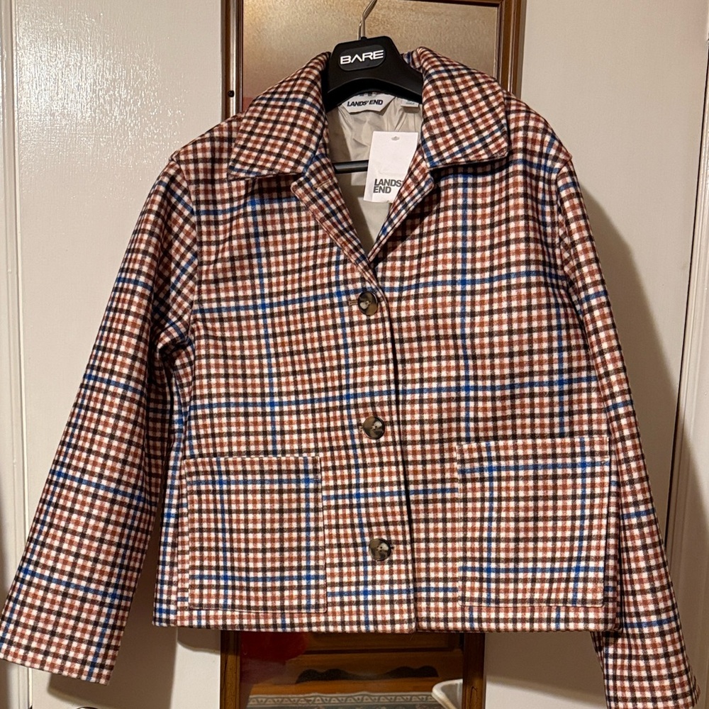 Lands' End Brown and Blue Plaid Cropped Blazer